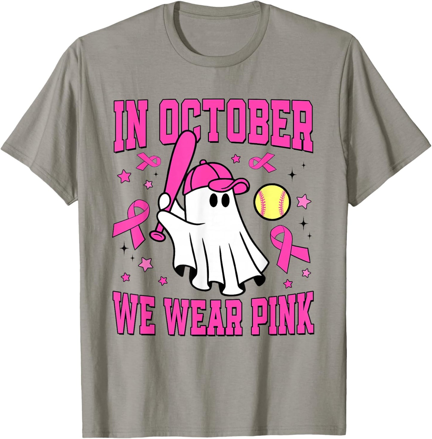 In October We Wear Pink Ghost Softball Funny Breast Cancer T-Shirt - T-Shirt | Sand
