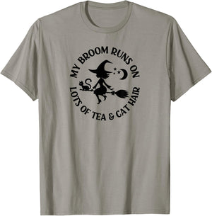 My Broom Runs On Lots of Tea and Cat Hair Pagan Cheeky Witch T-Shirt - T-Shirt | Sand