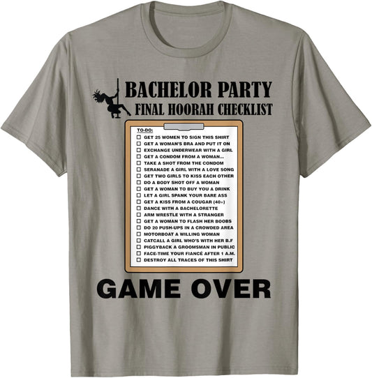 Bachelor Party Checklist Funny Challenge for Grooms T-Shirt - T-Shirt | Sand