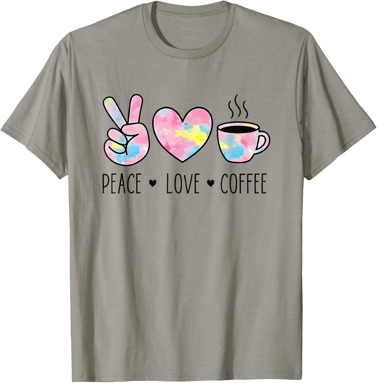 Peace Love Coffee Retro Watercolor Hand Heart Cup Graphic T-Shirt - T-Shirt | Sand