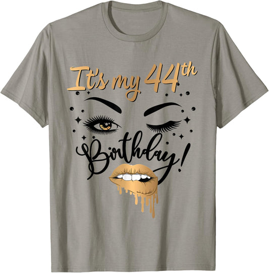 It's My 44th Birthday Queen 44 Years Old Eye Lash Lips Kiss T-Shirt - T-Shirt | Sand