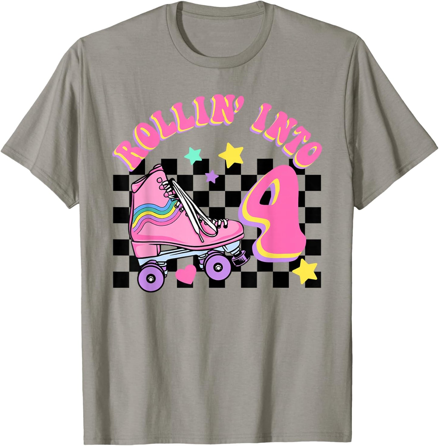 Rolling Into 4 Years Old Skater Groovy Birthday Girls Kids T-Shirt - T-Shirt | Sand