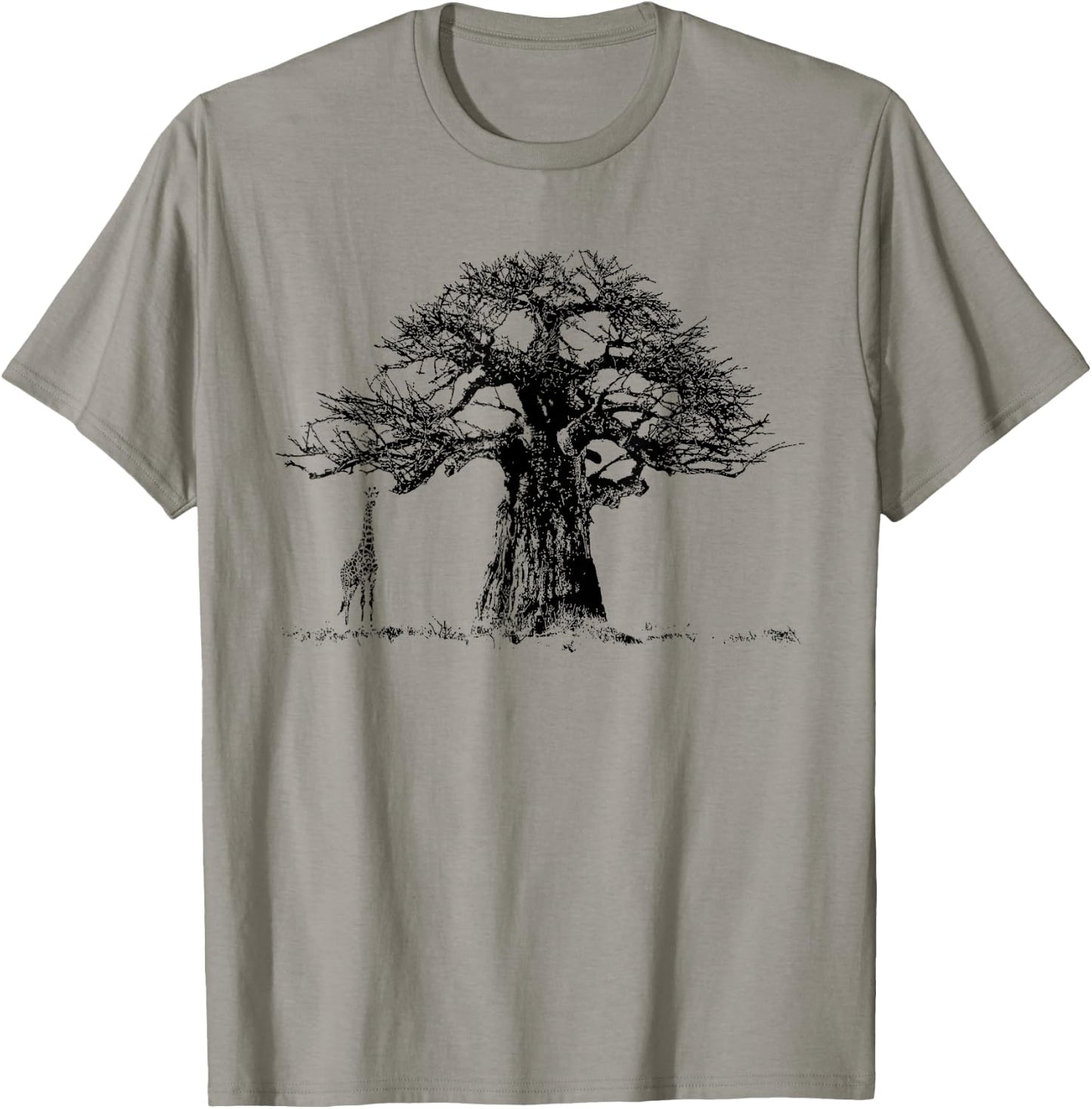 Baobab Tree and Giraffe Artwork in Graphic Monochrome T-Shirt - T-Shirt | Sand