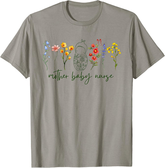 Mother Baby Nurse Wildflower Postpartum Nurse Graduation T-Shirt - T-Shirt | Sand