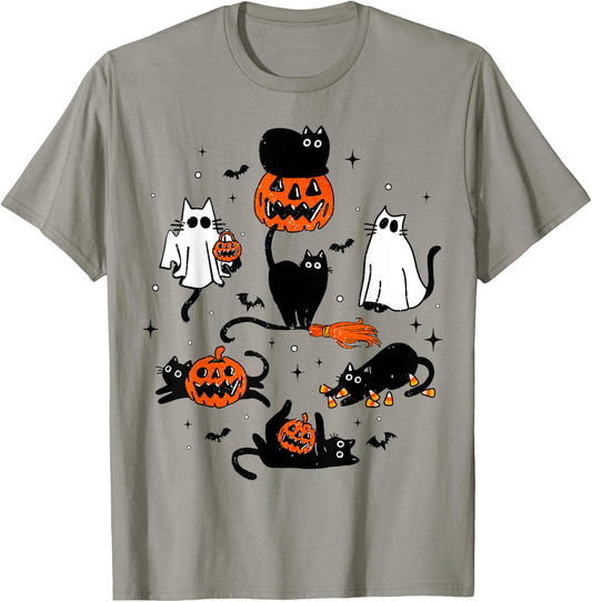 Cute Ghost Black Cat Playing Pumpkin Halloween Costume Men Women Kids T-Shirt - T-Shirt | Sand