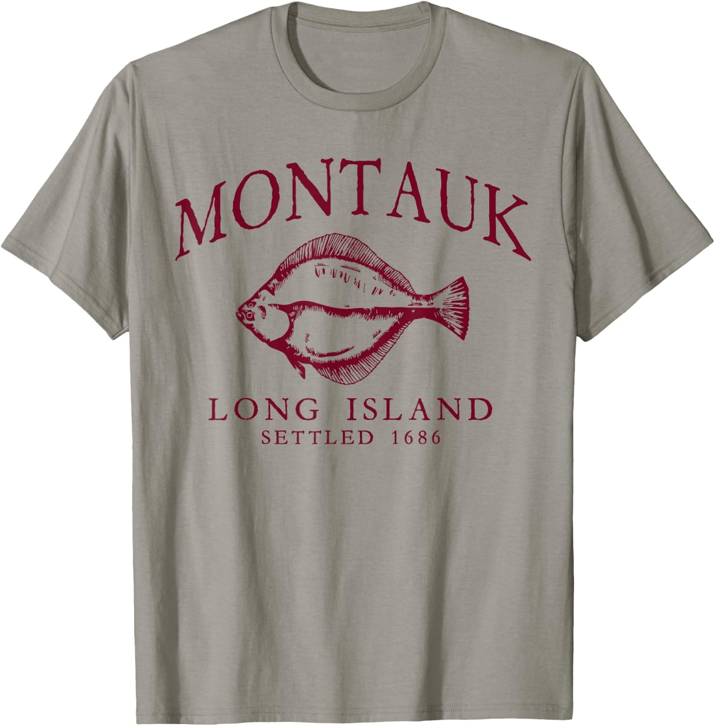 Montauk Long Island Settled 1686 Fluke Flounder Fishing Red T-Shirt - T-Shirt | Sand