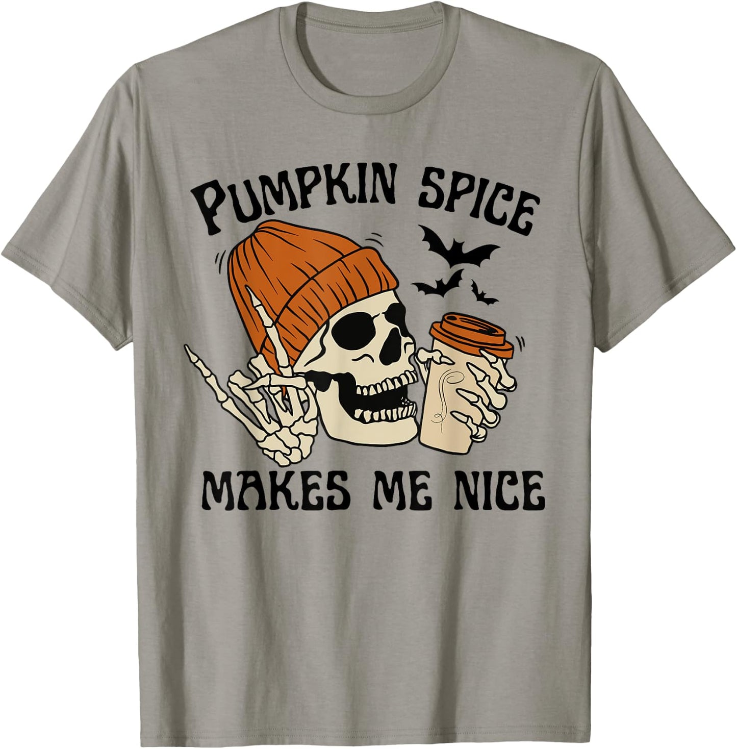Pumpkin Spice Make Me Nice Retro Skeleton Funny Halloween T-Shirt - T-Shirt | Sand