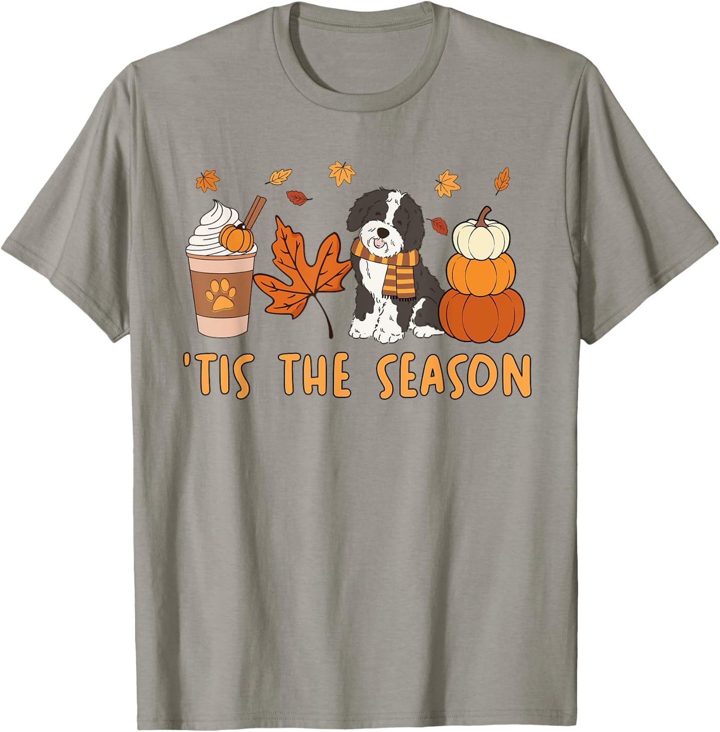 Tis The Season Sheepadoodle Dog Fall Autumn Pumpkin Coffee Women Kids T-Shirt - T-Shirt | Sand