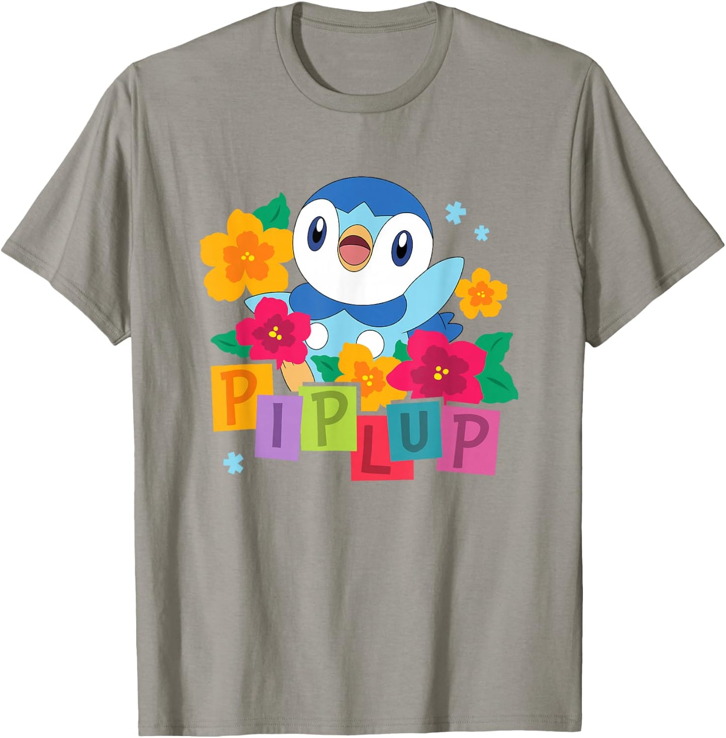 Pokémon Cute Happy Piplup Big Chest Colorful Floral Poster T-Shirt - T-Shirt | Sand