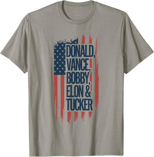 Donald Vance Bobby Elon And Tucker USA Flag Patriot Support T-Shirt - T-Shirt | Sand
