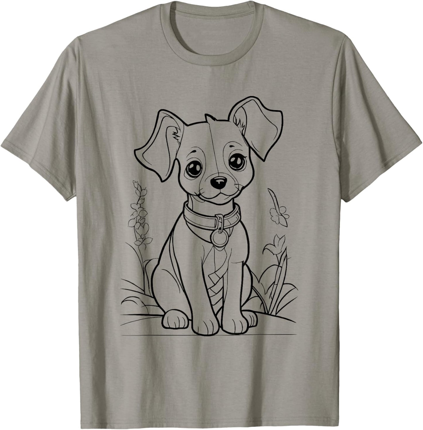 Cute Dog in Flower Field for Colouring with Textile Pens DIY T-Shirt - T-Shirt | Sand