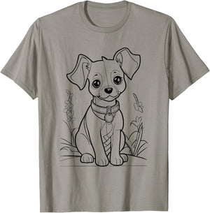 Cute Dog in Flower Field for Colouring with Textile Pens DIY T-Shirt - T-Shirt | Sand