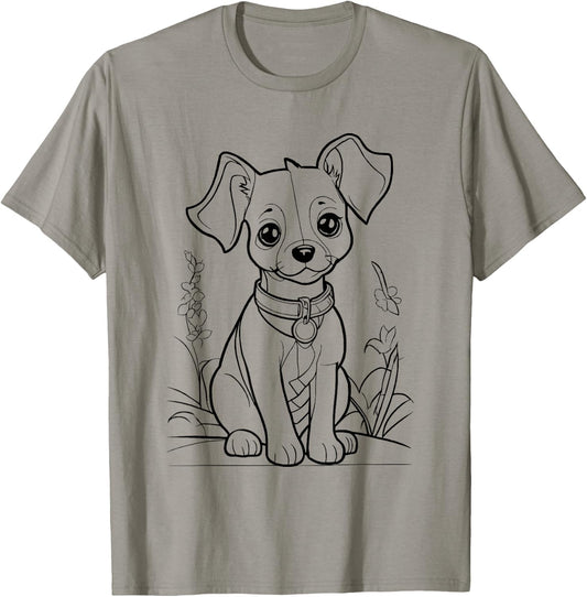 Cute Dog in Flower Field for Colouring with Textile Pens DIY T-Shirt - T-Shirt | Sand