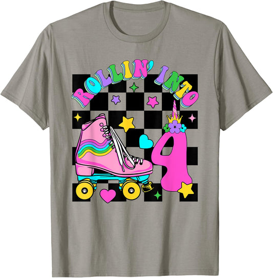 Rolling Into 4 Years Old Skater 4th Birthday Kids Girls T-Shirt - T-Shirt | Sand