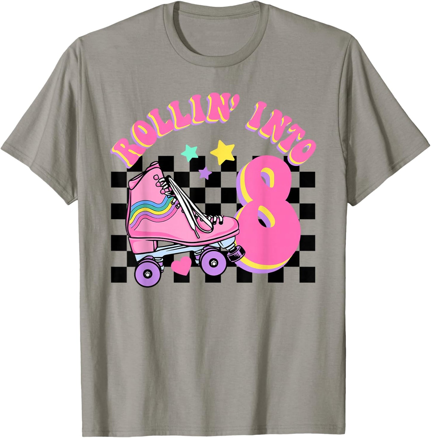 Rolling Into 8 Years Old Skater Groovy Birthday Girls Kids T-Shirt - T-Shirt | Sand