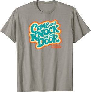 Three's Company Come And Knock On Our Door Retro Typography T-Shirt - T-Shirt | Sand