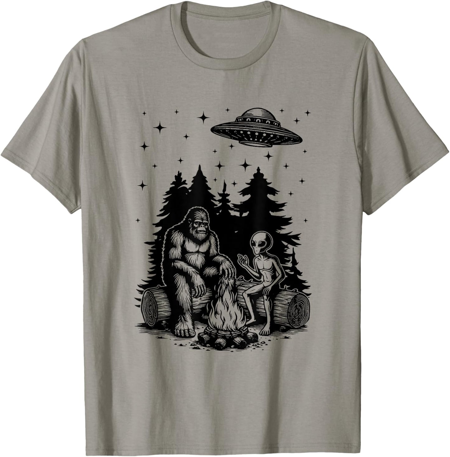 Alien And Bigfoot Campfire Sasquatch UFO For Outdoor Lovers T-Shirt - T-Shirt | Sand