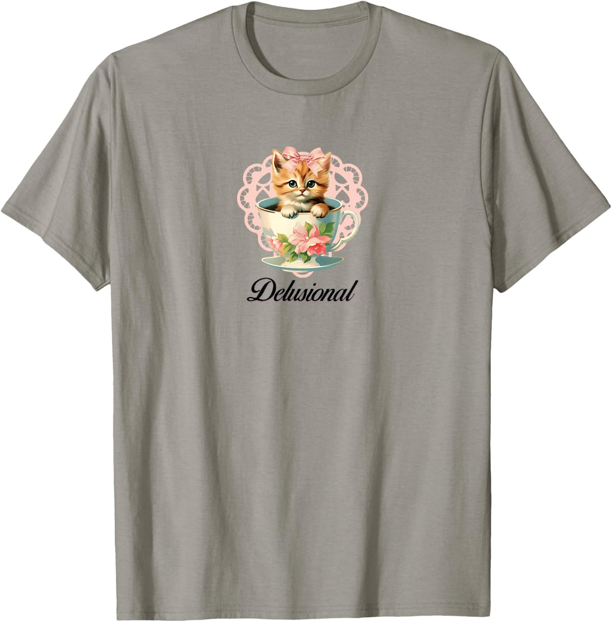Delusional Coquette Cat Kitten Pink Bow Ribbon Y2K Aesthetic T-Shirt - T-Shirt | Sand