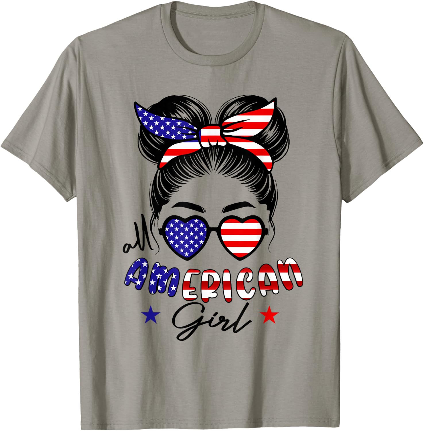 All american girl 4th of july women messy bun usa flag T-Shirt - T-Shirt | Sand