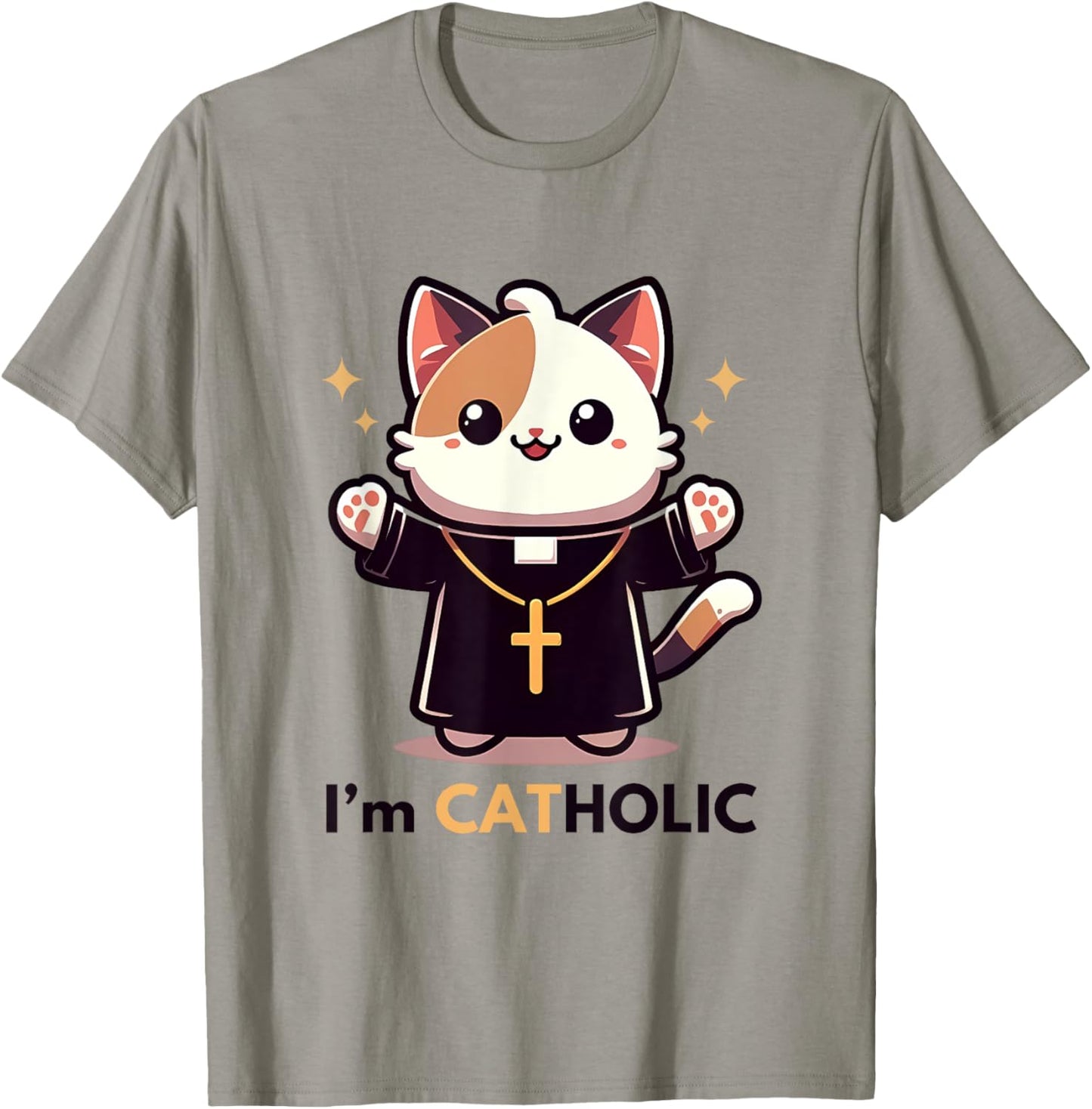 Cat-holic. Funny Catholic. Cute Priest Cat with Cross Men Women Girls Kids T-Shirt - T-Shirt | Sand