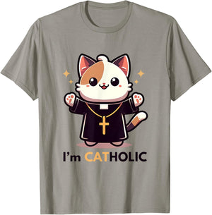 Cat-holic. Funny Catholic. Cute Priest Cat with Cross Men Women Girls Kids T-Shirt - T-Shirt | Sand