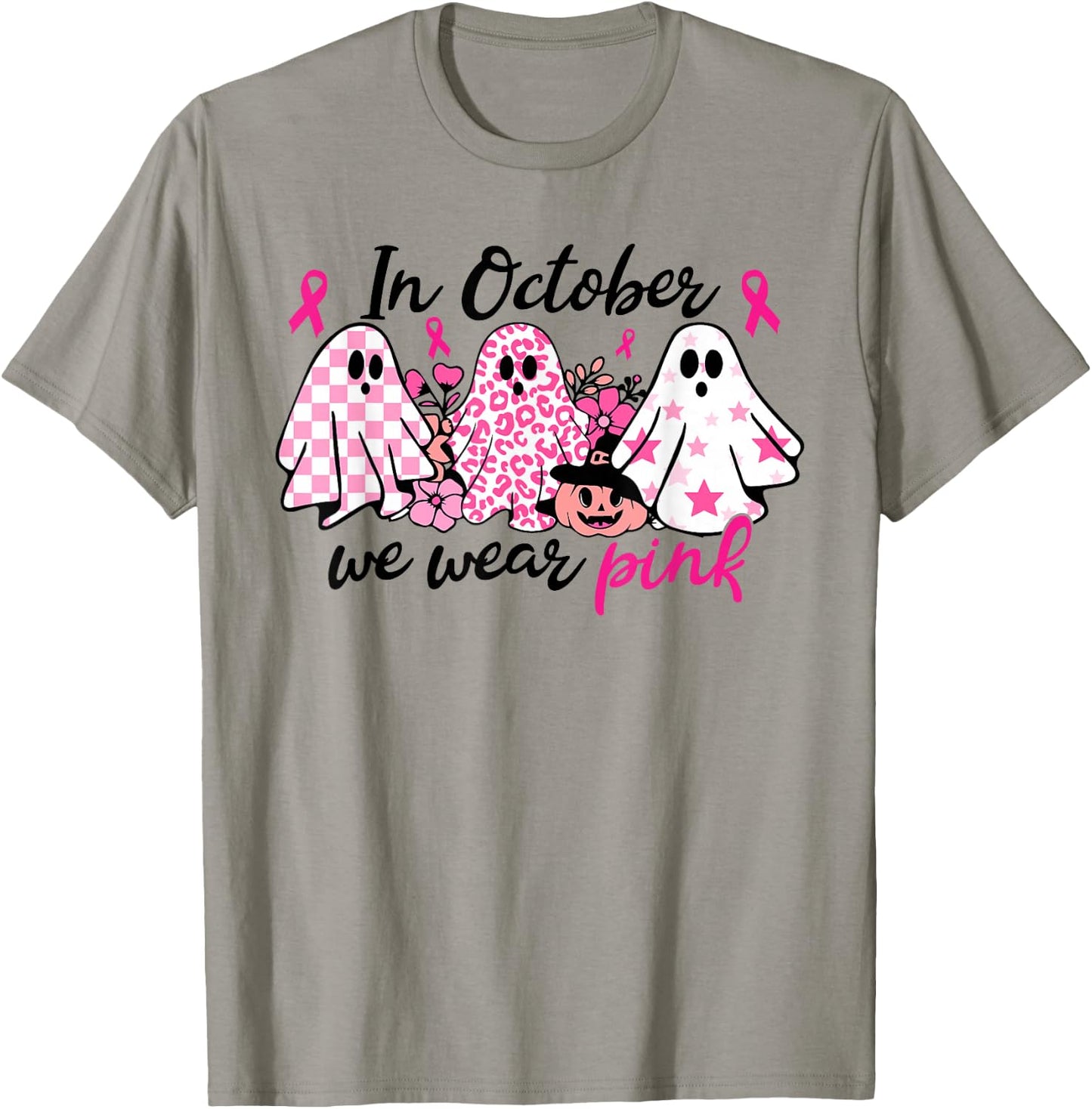 In October We Wear Pink Ghost Breast Cancer Halloween T-Shirt - T-Shirt | Sand
