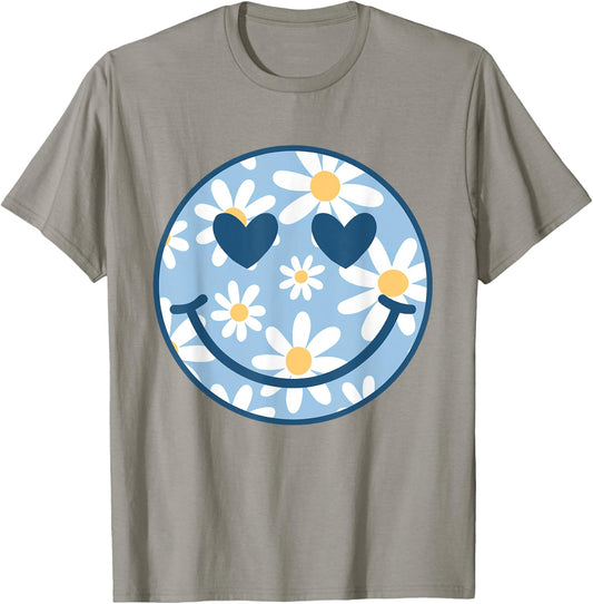 Retro Blue Happy Face Checkered Pattern Smile Face Trendy T-Shirt - T-Shirt | Sand