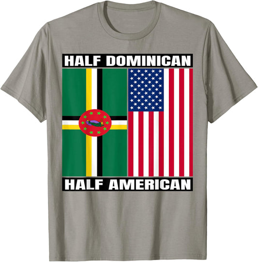 Half American Half Dominican Roots USA Dominica Island Flag T-Shirt - T-Shirt | Sand