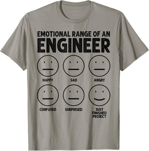 Funny Engineering Emotional Range Of An Engineer , Small, Grey T-Shirt - T-Shirt | Sand