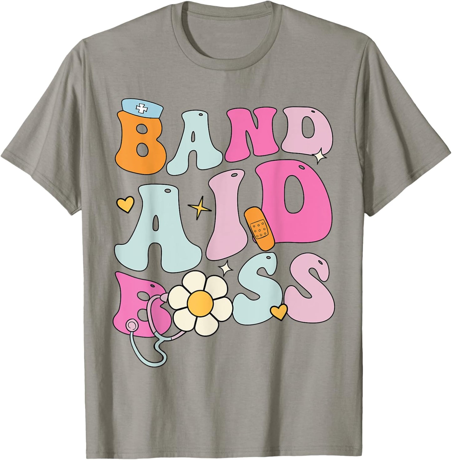 Groovy Band Aid Boss, Cute Back To School Nurse T-Shirt - T-Shirt | Sand
