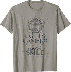 Lights Camera Teach Smile shirt Teacher First Day Of School Women Girls Kids T-Shirt - T-Shirt | Sand