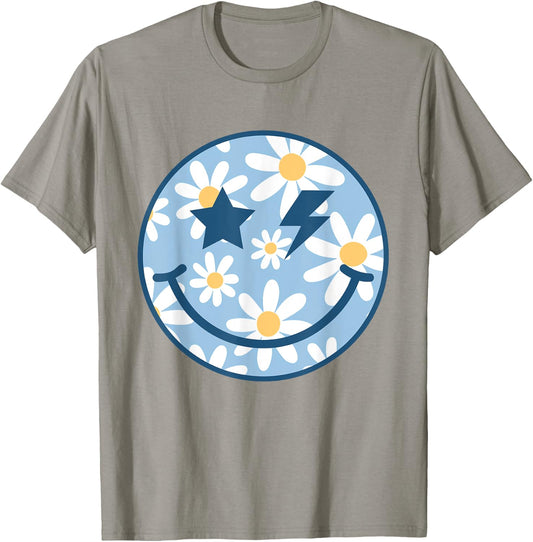 Retro Blue Happy Face Checkered Pattern Smile Face Trendy T-Shirt - T-Shirt | Sand