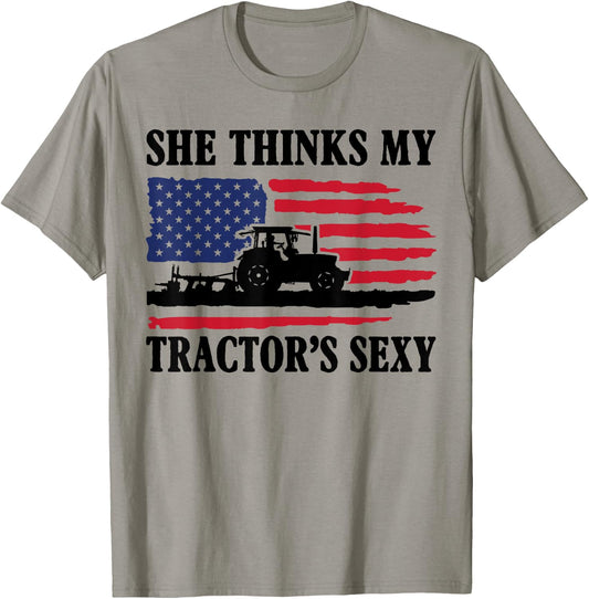 She Thinks My Tractor's Sexy Shirt Funny Farming Farmer Gift T-Shirt - T-Shirt | Sand