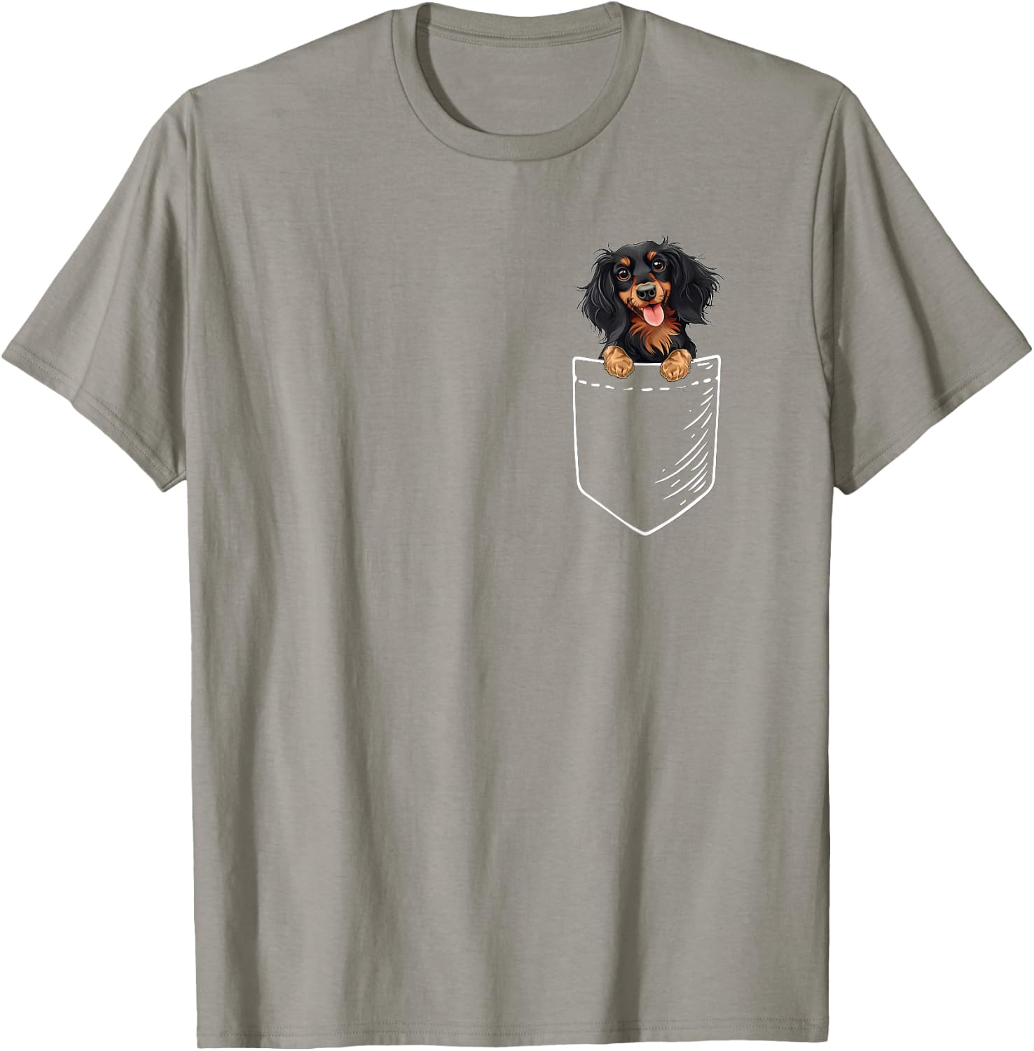 Funny Pocket Black Long Haired Dachshund Lover T-Shirt - T-Shirt | Sand