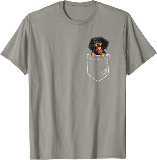 Funny Pocket Black Long Haired Dachshund Lover T-Shirt - T-Shirt | Sand