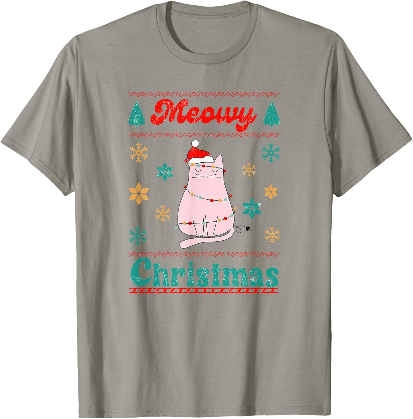 Meowy Catmas Christmas Cat in Santa Hat & Christmas Lights T-Shirt - T-Shirt | Sand