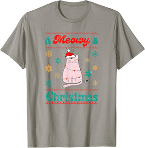 Meowy Catmas Christmas Cat in Santa Hat & Christmas Lights T-Shirt - T-Shirt | Sand