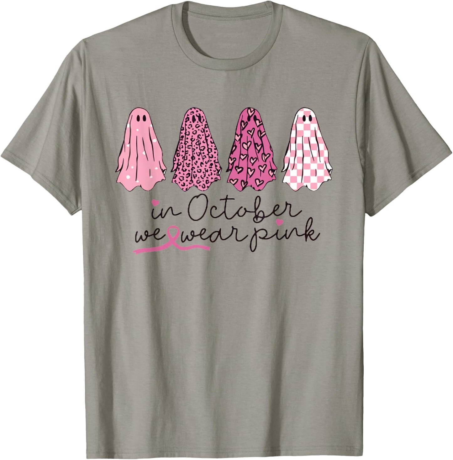 Women In October We Wear Pink Wizard Ghosts Breast Cancer T-Shirt - T-Shirt | Sand