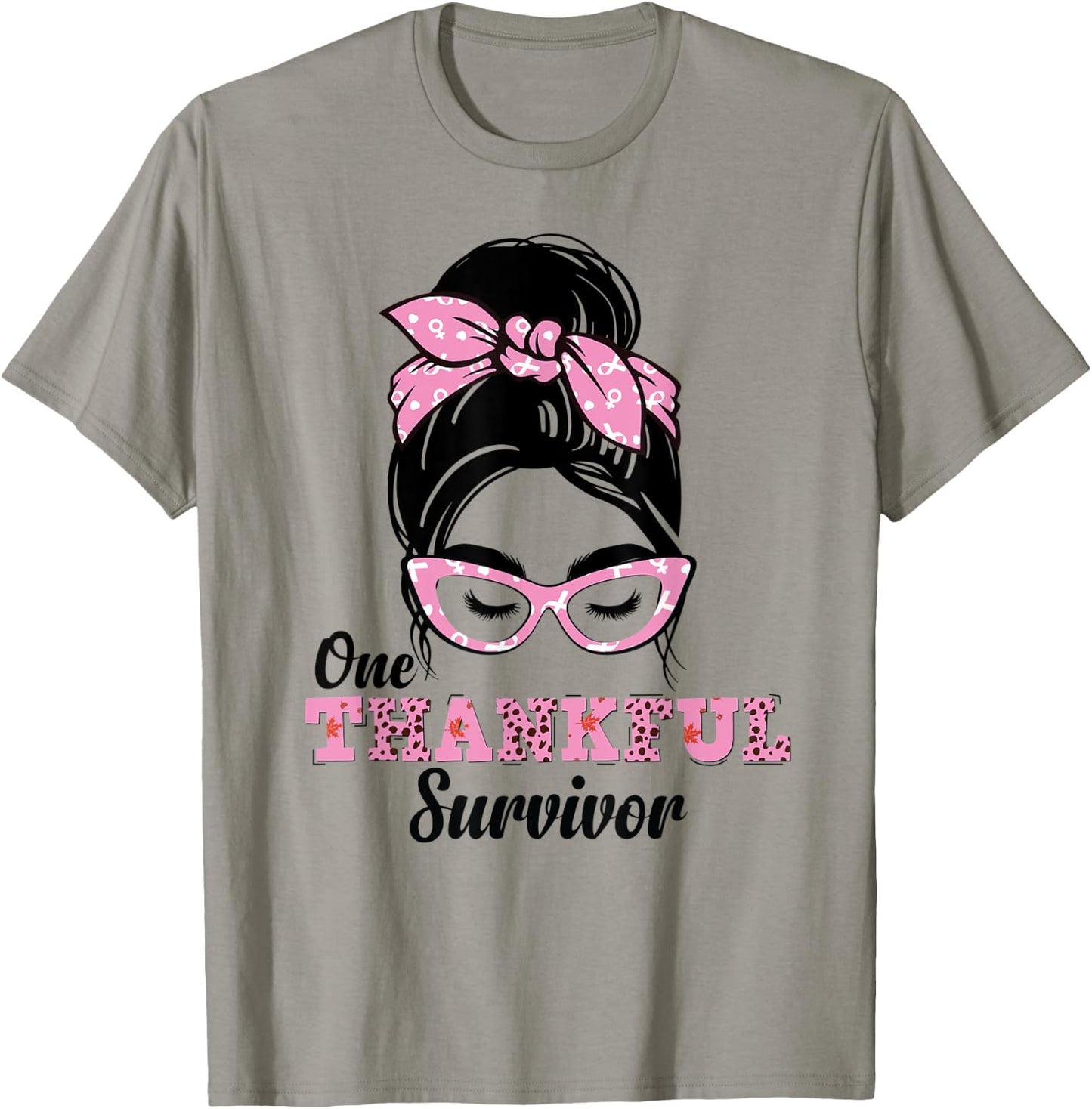One Thankful Survivor Messy Bun Breast Cancer Awareness T-Shirt - T-Shirt | Sand