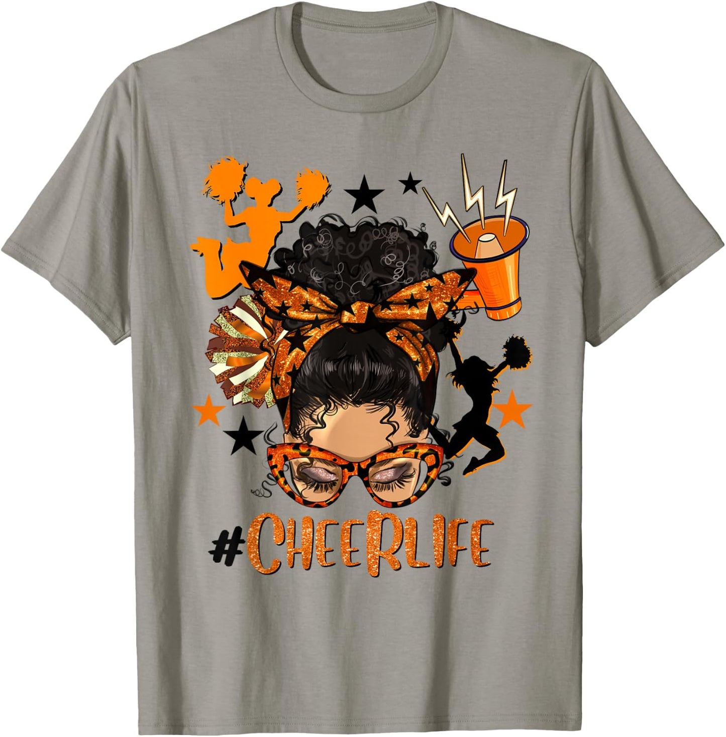 Cheer Life Messy Bun Brunette Orange Black Cheerleading Team T-Shirt - T-Shirt | Sand