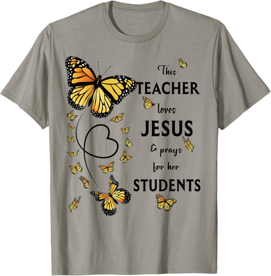 Christian Teacher Butterfly This Teacher Loves Jesus T-Shirt - T-Shirt | Sand
