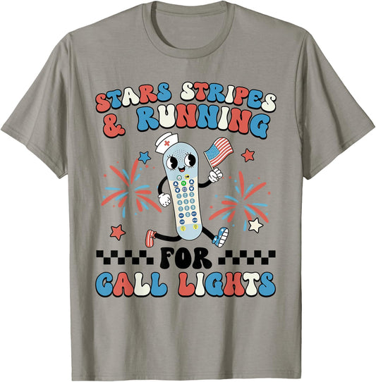 4th July ER Nurse Stars Stripes And Running For Call Lights T-Shirt - T-Shirt | Sand