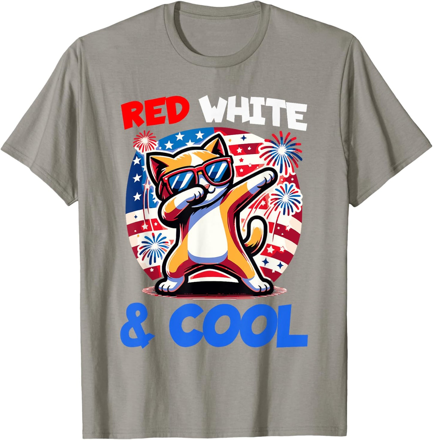 4th of July Red White & Cool Dabbing Kitty Cat Funny Graphic T-Shirt - T-Shirt | Sand