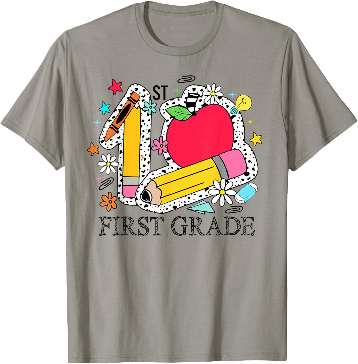 First Grade 1st Grade Teacher Pencil Apple Back To School T-Shirt - T-Shirt | Sand