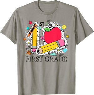 First Grade 1st Grade Teacher Pencil Apple Back To School T-Shirt - T-Shirt | Sand