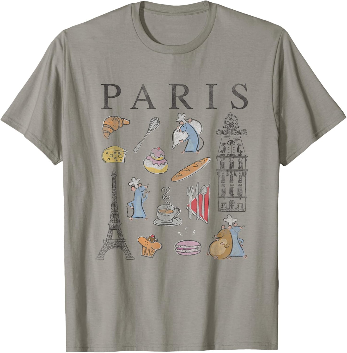 Disney Pixar Ratatouille Paris Food & Places Collage Retro T-Shirt - T-Shirt | Sand