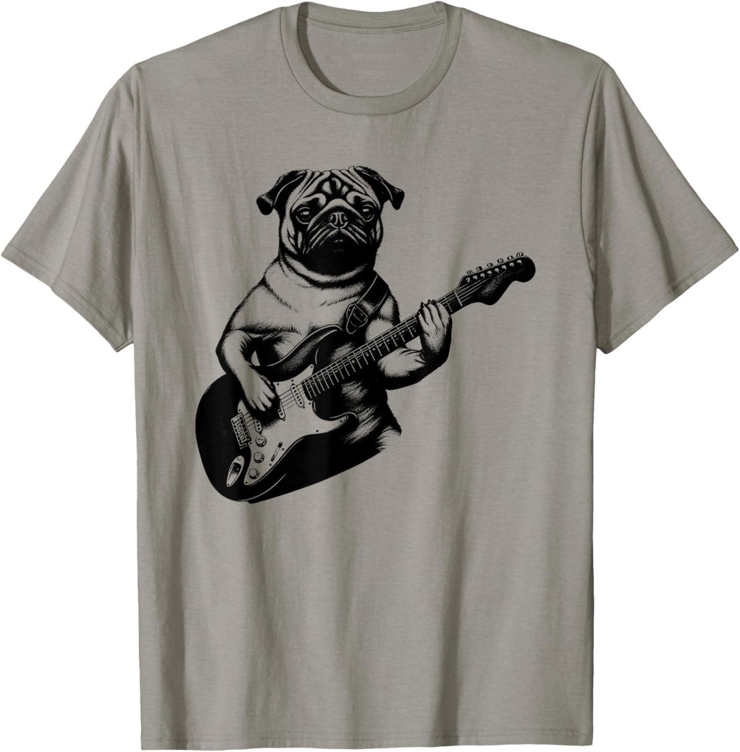 Pug Dog Playing Electric Guitar Rock Star Guitarist T-Shirt - T-Shirt | Sand