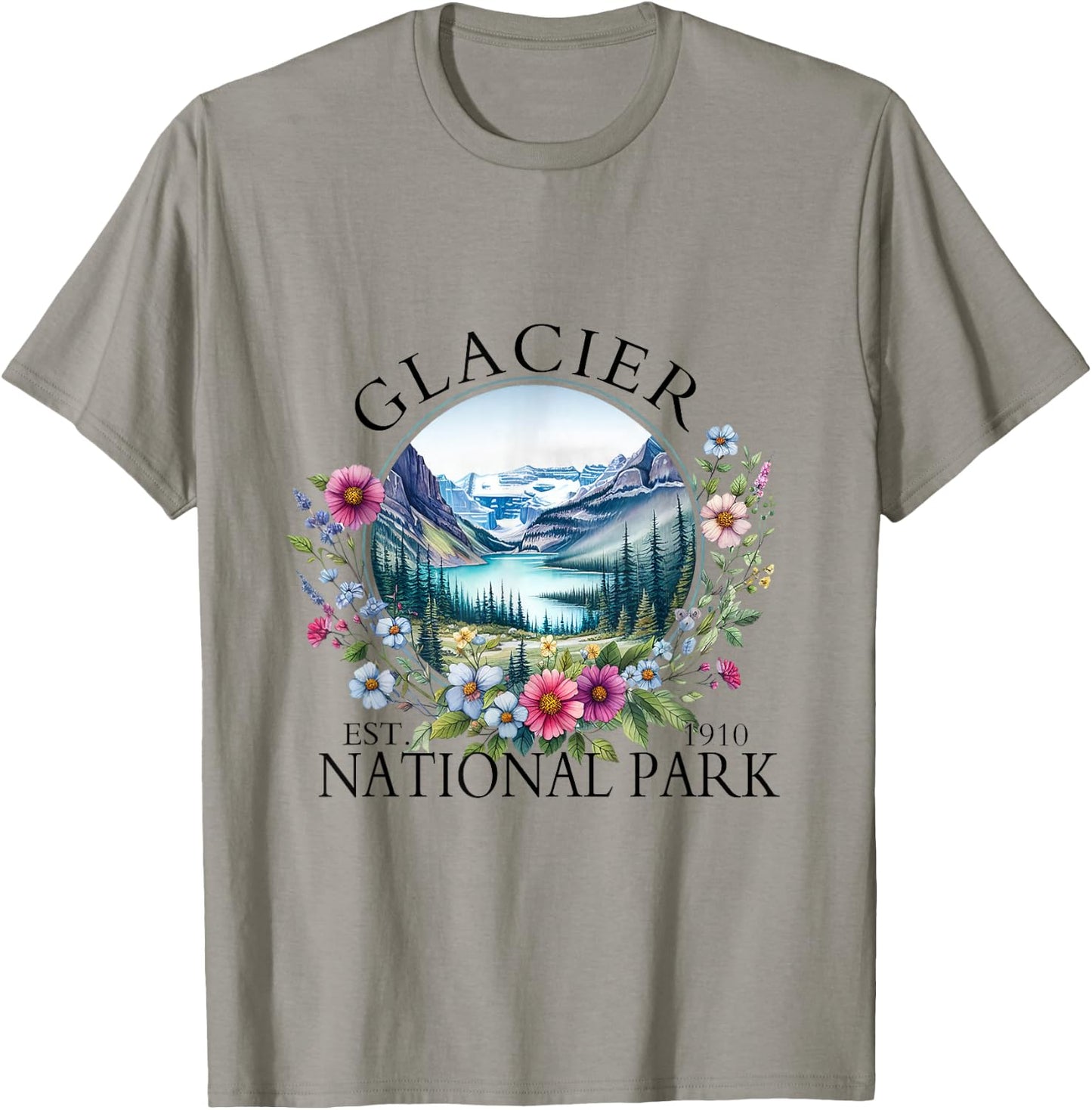 Retro Floral Glacier National Park Hiking Camping Outdoor T-Shirt - T-Shirt | Sand