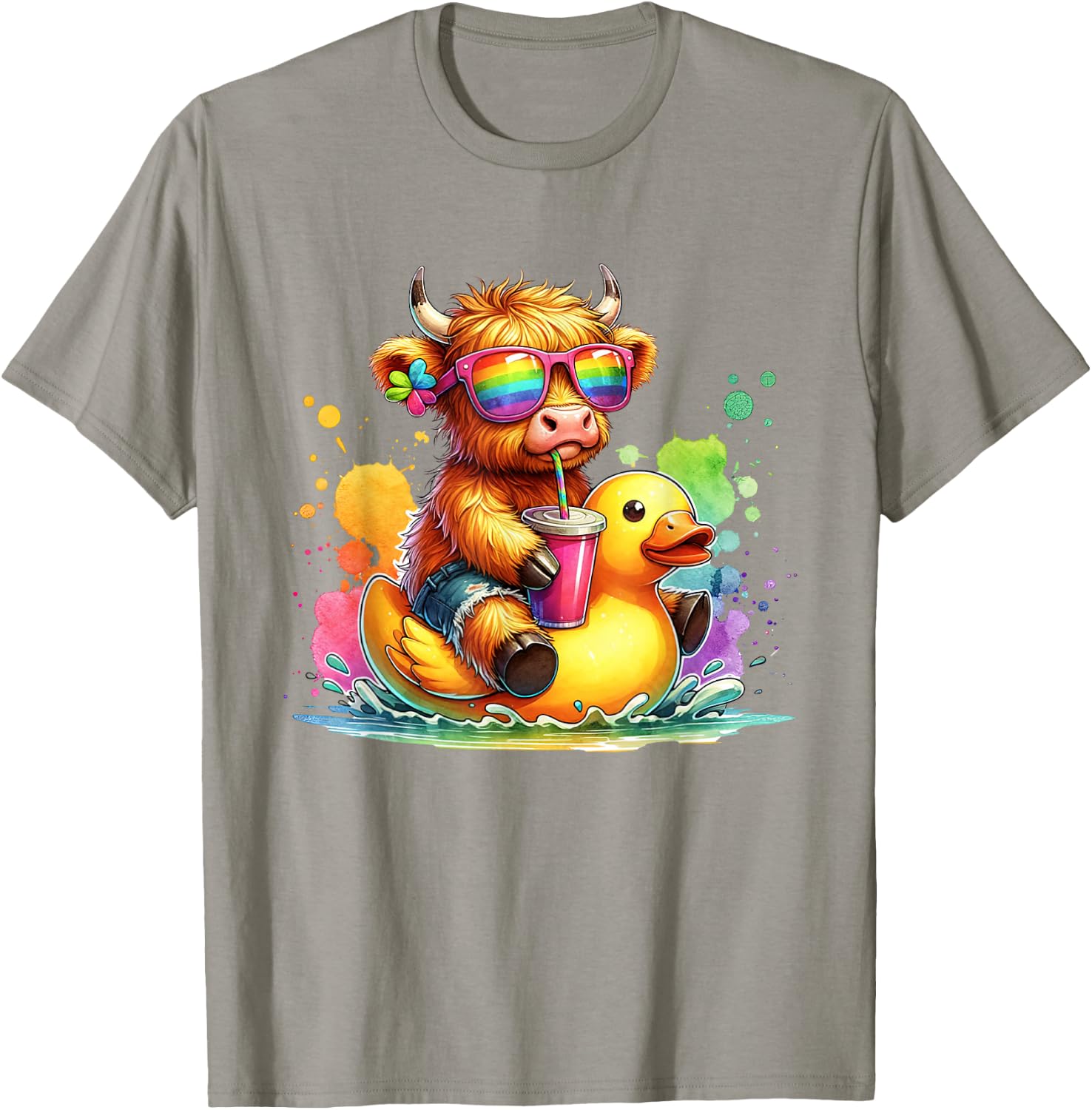 Cute Highland Cow Duck Pool Float Summer Vibes Swimming T-Shirt - T-Shirt | Sand