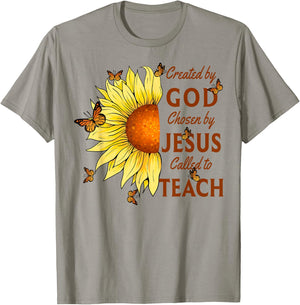 Created By God Called To Teach Yellow Sunflower Christian T-Shirt - T-Shirt | Sand